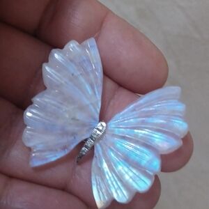 14k diamond  Big Natural carved  Moonstone Iridescent Butterfly  Pendant